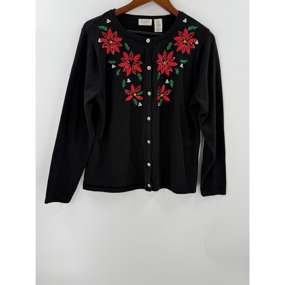 Classic Elements Holiday Poinsettia Cardigan Black Sequin Sweater Petite LARGE - Picture 5 of 14